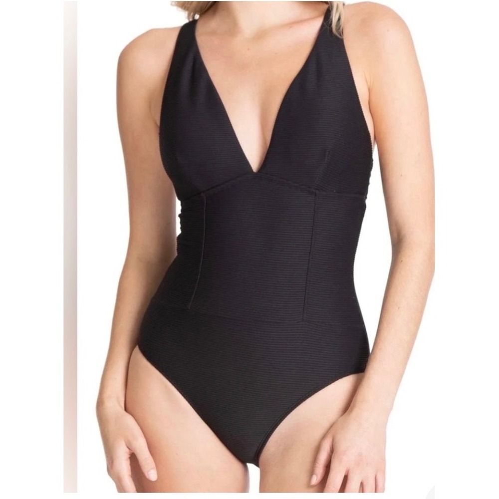 Rachel Rachel Roy Black Ribbed V-Neck One Piece Swimsuit Size L Open Back